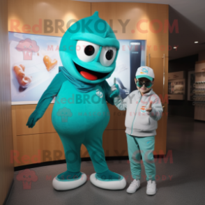 Teal Ice mascot costume character dressed with a Capri Pants and Watches