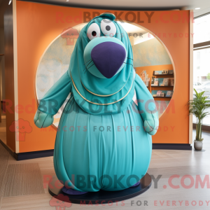Mascot character of a Teal Walrus dressed with a Circle Skirt and Wraps