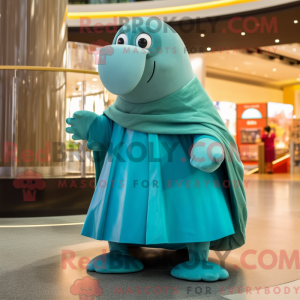 Mascot character of a Teal Walrus dressed with a Circle Skirt and Wraps