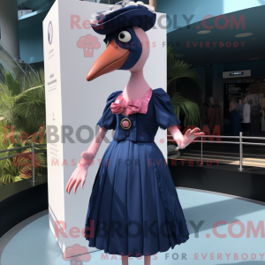 Mascot character of a Navy Flamingo dressed with a Empire Waist Dress and Cummerbunds