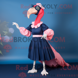 Mascot character of a Navy Flamingo dressed with a Empire Waist Dress and Cummerbunds