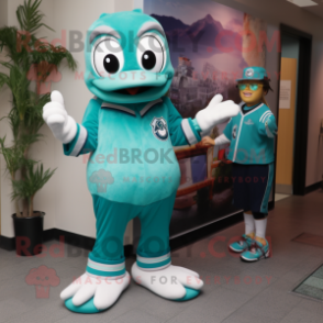 Teal Ice mascot costume character dressed with a Capri Pants and Watches