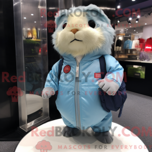 Mascot character of a Sky Blue Guinea Pig dressed with a Bomber Jacket and Clutch bags