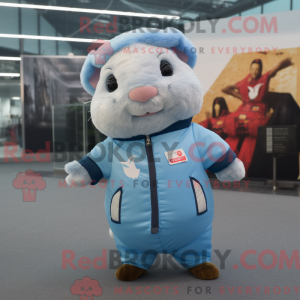 Mascot character of a Sky Blue Guinea Pig dressed with a Bomber Jacket and Clutch bags