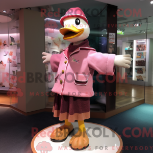 Mascot character of a Pink Geese dressed with a Sweater and Berets