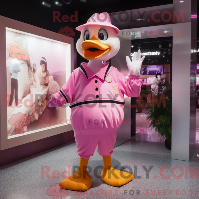 Mascot character of a Pink Geese dressed with a Sweater and Berets