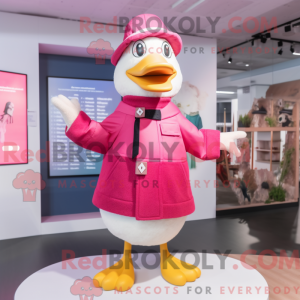 Mascot character of a Pink Geese dressed with a Sweater and Berets