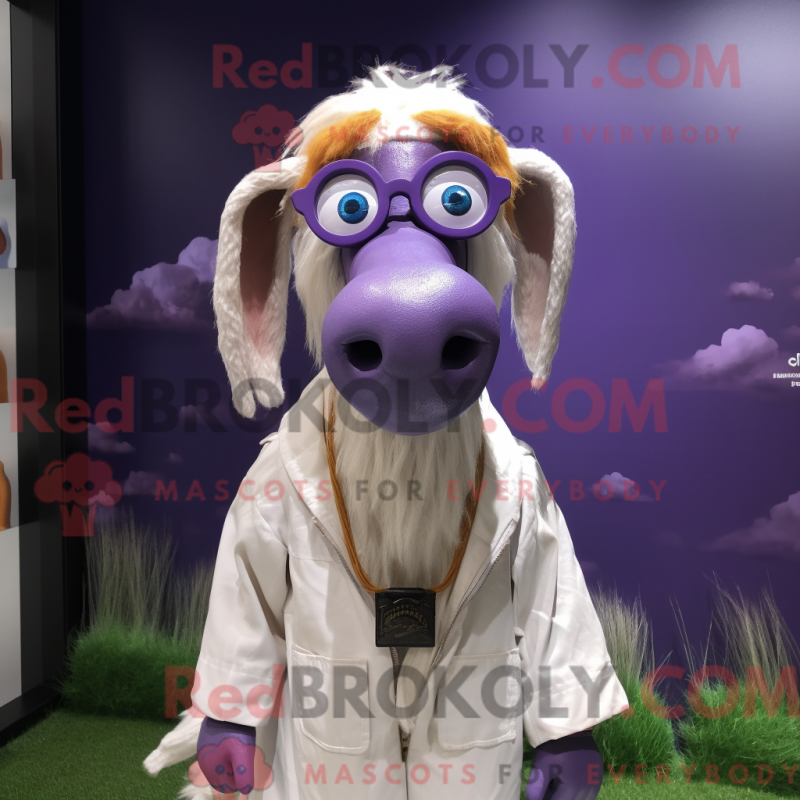 Mascot character of a Lavender Boer Goat dressed with a Raincoat and Eyeglasses