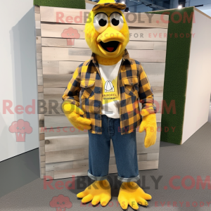 Mascot character of a Yellow Roosters dressed with a Flannel Shirt and Lapel pins