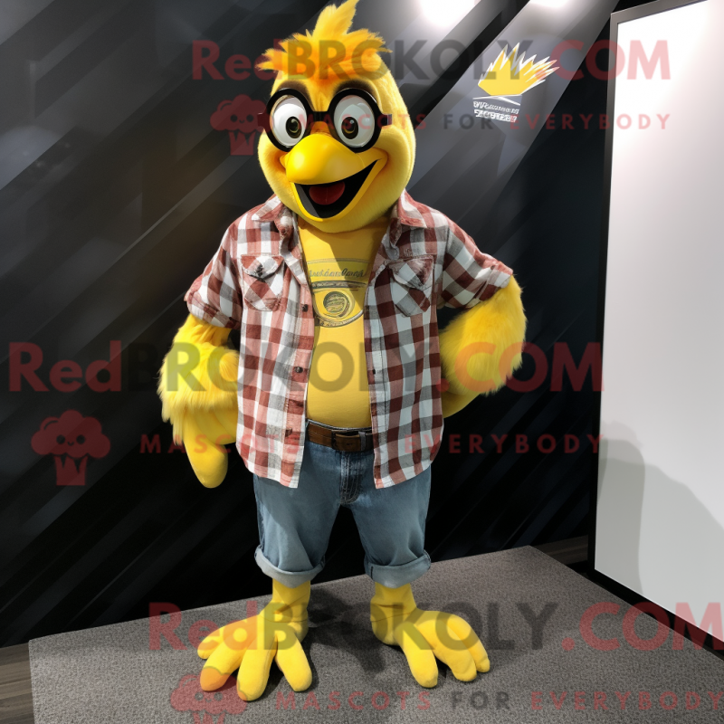 Mascot character of a Yellow Roosters dressed with a Flannel Shirt and Lapel pins