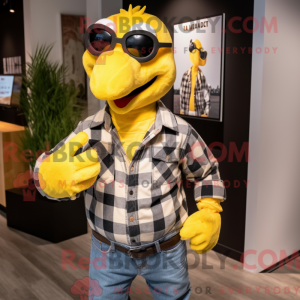 Mascot character of a Yellow Roosters dressed with a Flannel Shirt and Lapel pins