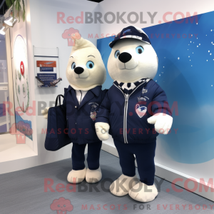Mascot character of a Navy Pair Of Ice Skates dressed with a Waistcoat and Tote bags