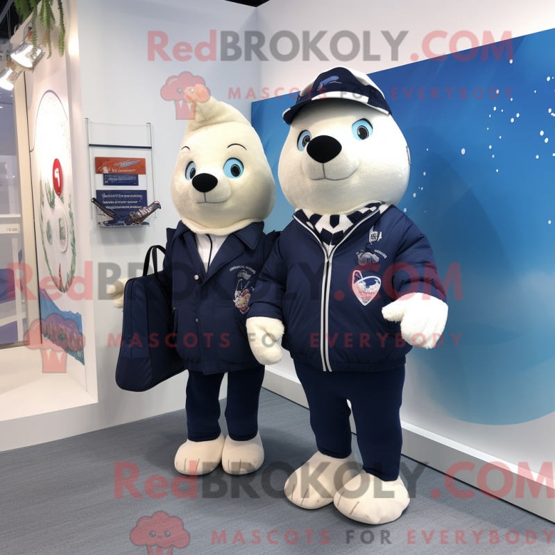 Mascot character of a Navy Pair Of Ice Skates dressed with a Waistcoat and Tote bags