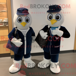 Mascot character of a Navy Pair Of Ice Skates dressed with a Waistcoat and Tote bags