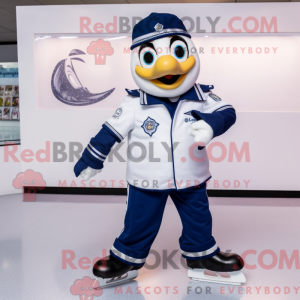 Mascot character of a Navy Pair Of Ice Skates dressed with a Waistcoat and Tote bags