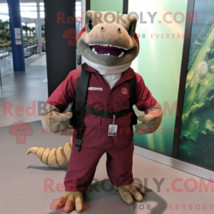 Mascot character of a Maroon Komodo Dragon dressed with a Cargo Pants and Keychains