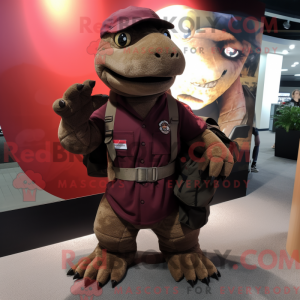 Mascot character of a Maroon Komodo Dragon dressed with a Cargo Pants and Keychains
