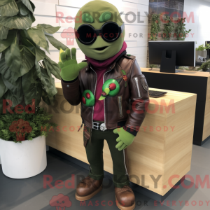 Mascot character of a Olive Raspberry dressed with a Leather Jacket and Sunglasses