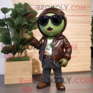 Mascot character of a Olive Raspberry dressed with a Leather Jacket and Sunglasses
