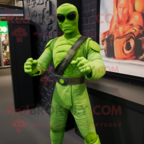 Lime Green Gi Joe mascot costume character dressed with a Wrap Dress and Anklets
