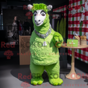 Mascot character of a Lime Green Llama dressed with a Flannel Shirt and Coin purses