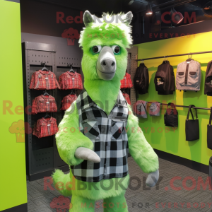 Mascot character of a Lime Green Llama dressed with a Flannel Shirt and Coin purses