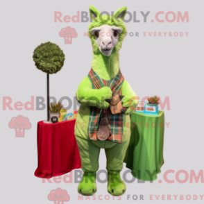 Mascot character of a Lime Green Llama dressed with a Flannel Shirt and Coin purses