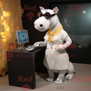 Mascot character of a White Tapir dressed with a Pencil Skirt and Eyeglasses