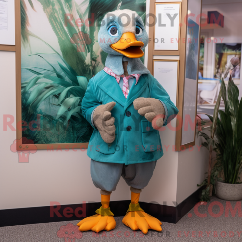 Mascot character of a Teal Gosling dressed with a Bermuda Shorts and Ties