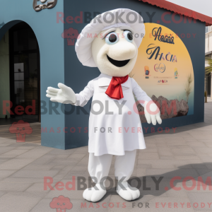 Mascot character of a White Paella dressed with a Chinos and Brooches