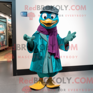Mascot character of a Teal Plum dressed with a Jacket and Scarves