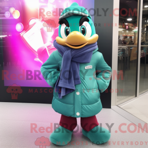 Mascot character of a Teal Plum dressed with a Jacket and Scarves