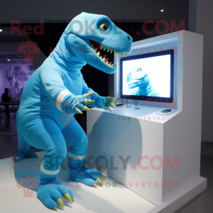 Cyan T Rex mascot costume character dressed with a Graphic Tee and Watches