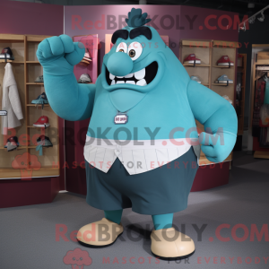 Mascot character of a Teal Strongman dressed with a A-Line Skirt and Ties