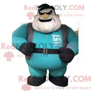 Mascot character of a Teal Strongman dressed with a A-Line Skirt and Ties