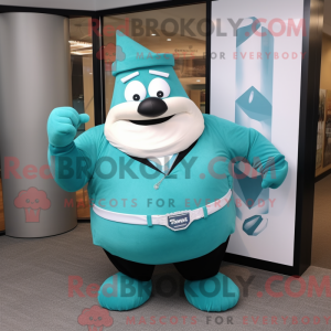 Mascot character of a Teal Strongman dressed with a A-Line Skirt and Ties