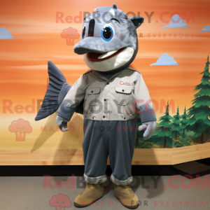 Mascot character of a Silver Salmon dressed with a Overalls and Shoe laces