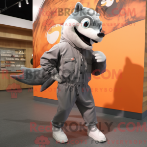 Mascot character of a Silver Salmon dressed with a Overalls and Shoe laces