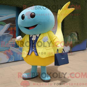 Mascot character of a Lemon Yellow Blue Whale dressed with a Waistcoat and Clutch bags