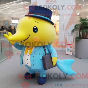 Mascot character of a Lemon Yellow Blue Whale dressed with a Waistcoat and Clutch bags