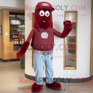 Mascot character of a Maroon Ghost dressed with a Bootcut Jeans and Caps