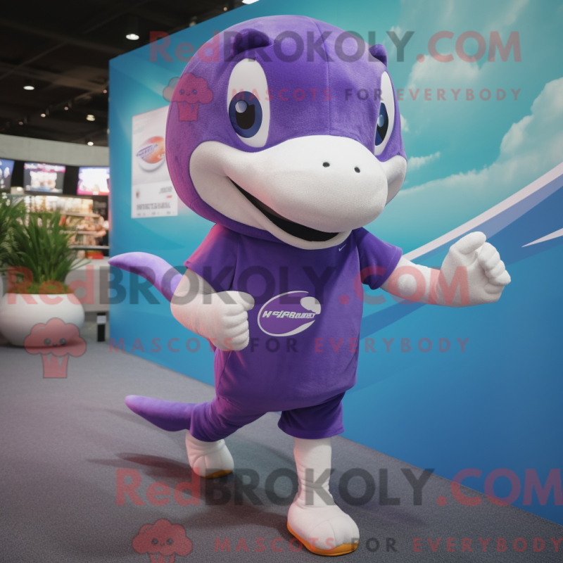 Mascot character of a Purple Dolphin dressed with a Running Shorts and Headbands