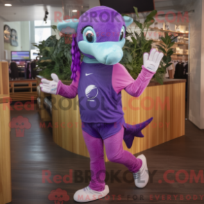 Mascot character of a Purple Dolphin dressed with a Running Shorts and Headbands