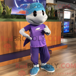 Mascot character of a Purple Dolphin dressed with a Running Shorts and Headbands