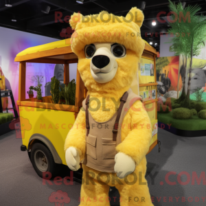 Mascot character of a Yellow Alpaca dressed with a Cargo Shorts and Wraps