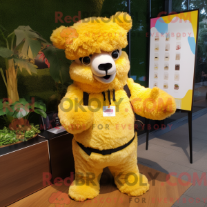 Mascot character of a Yellow Alpaca dressed with a Cargo Shorts and Wraps