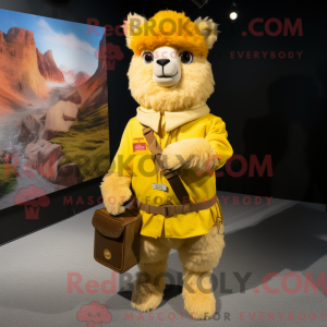 Mascot character of a Yellow Alpaca dressed with a Cargo Shorts and Wraps