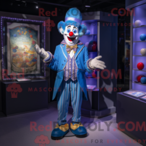 Mascot character of a Blue Clown dressed with a Waistcoat and Coin purses