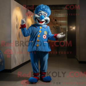 Mascot character of a Blue Clown dressed with a Waistcoat and Coin purses