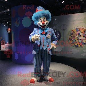 Mascot character of a Blue Clown dressed with a Waistcoat and Coin purses